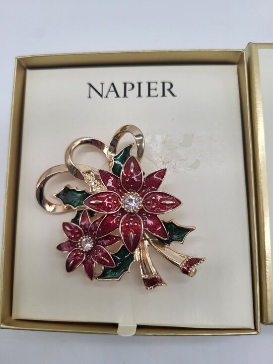 Napier Jewelry - Napier Poinsettas Enamel Rhinestone Gold Tone Brooch Pin Holiday Christmas